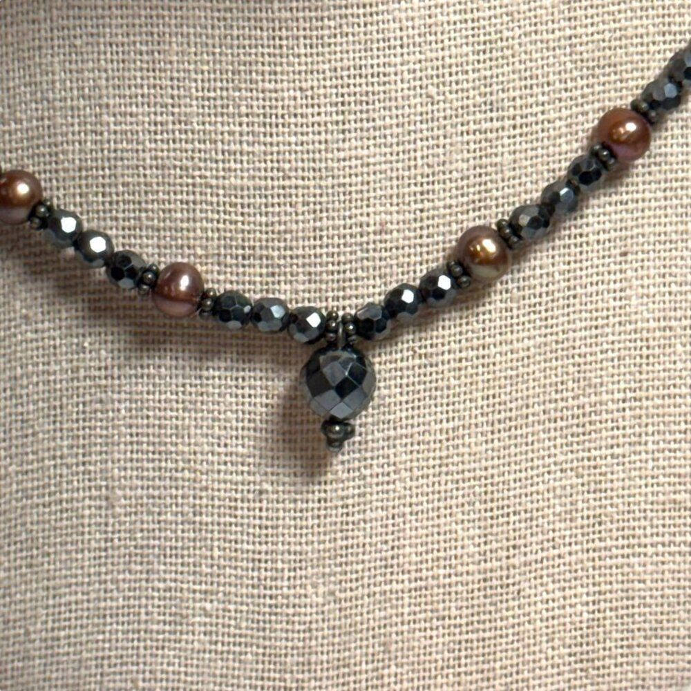 Vintage 925 Sterling Silver Black Brown Beaded Necklace Pearl Marcasite Pendant